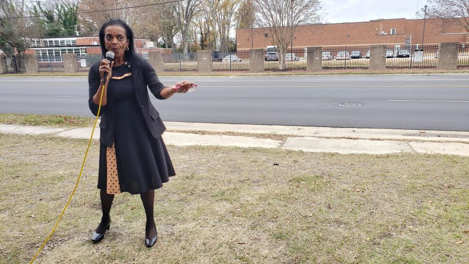 Apostle Cordelia Challenger of Greater Unity Tabernacle Christian Church speaks during a service on Dec. 3, 2023. The downtown church has held a prayer service every Sunday at 2 p.m. since it was vandalized in November with hateful graffiti.