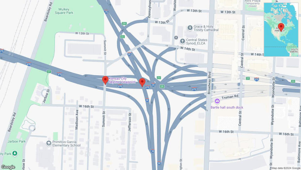 A detailed map that shows the affected road due to 'Broken down vehicle on eastbound I-670 in Kansas City' on September 15th at 5:55 p.m.