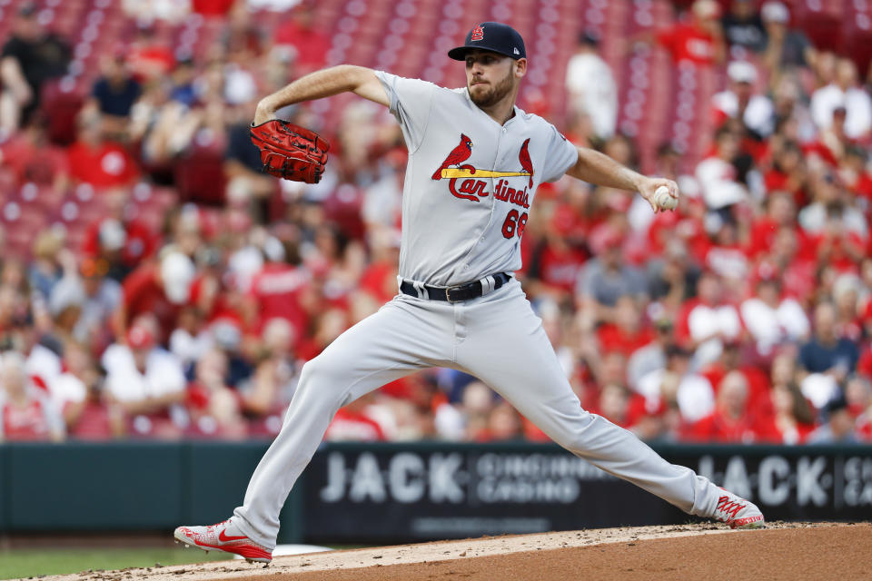 St. Louis Cardinals starting pitcher Austin Gomber throws during the first inning of the team's baseball game against the Cincinnati Reds, Tuesday, July 24, 2018, in Cincinnati. (AP Photo/John Minchillo)