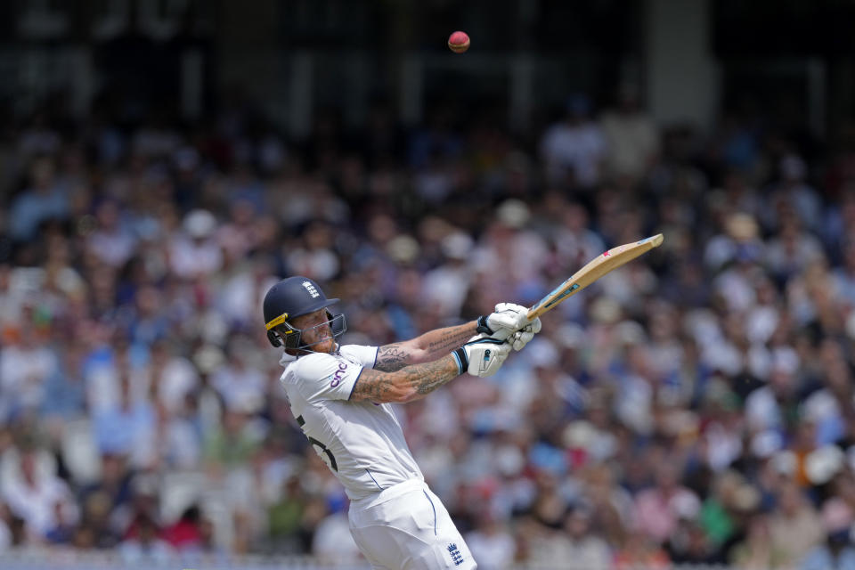 England's captain Ben Stokes hits a six during the fifth day of the second Ashes Test match between England and Australia, at Lord's cricket ground in London, Sunday, July 2, 2023. (AP Photo/Kirsty Wigglesworth)
