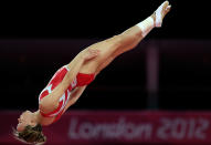 LONDON, ENGLAND - AUGUST 02: Karen Cockburn of Canada warms up during podium training for trampoline on Day 6 of the London 2012 Olympic Games at North Greenwich Arena on August 2, 2012 in London, England. (Photo by Ronald Martinez/Getty Images)