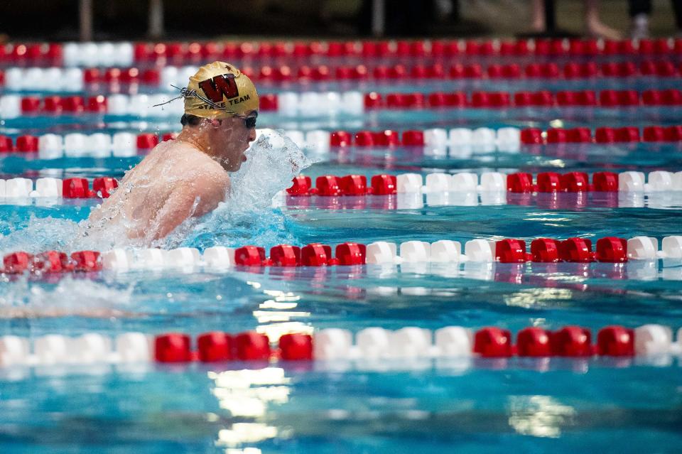 Windsor's Jake Eccleston competes in the 100 yard breaststroke during the Class 4A state swimming championships on Friday, May 10, 2024 at the Veterans Memorial Aquatics Center in Thornton, Colo.