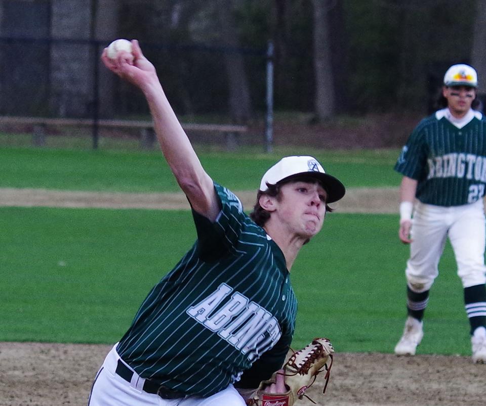 Harry Rogers, starting pitcher for Abington, fires a pitch against Carver in the baseball game on Monday, April 24, 2023. He allowed a couple of runs late but maintained control throughout, winning 4-2.