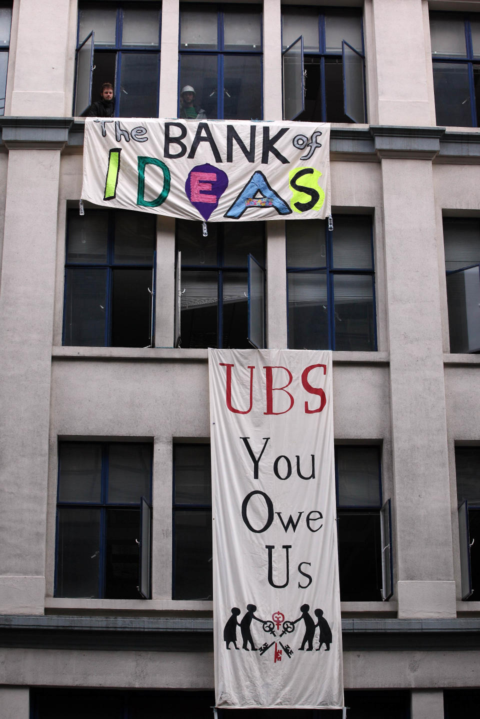 Protestors Occupy An Empty Office Block Owned By UBS In Central London