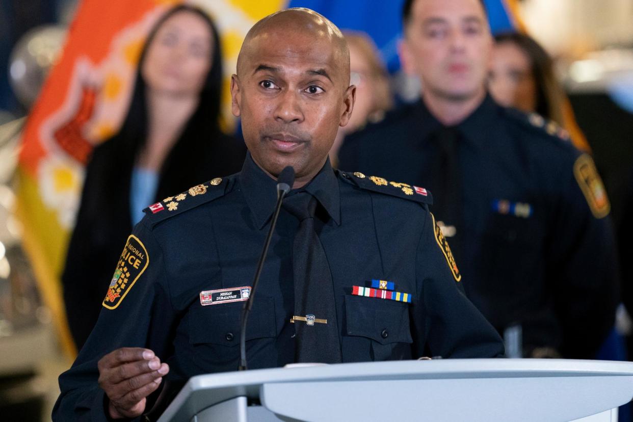 <span>The Peel regional police chief, Nishan Duraiappah, speaks about an investigation into the theft of gold from Toronto’s Pearson international airport on Wednesday.</span><span>Photograph: Arlyn McAdorey/AP</span>