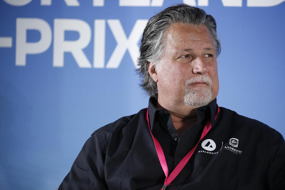 PORTLAND, OREGON - JUNE 23:  Michael Andretti of Avalanche Andretti Racing is interviewed during the 2023 ePrix at Portland International Raceway on June 23, 2023 in Portland, Oregon. (Photo by John Lamparski/Getty Images)
