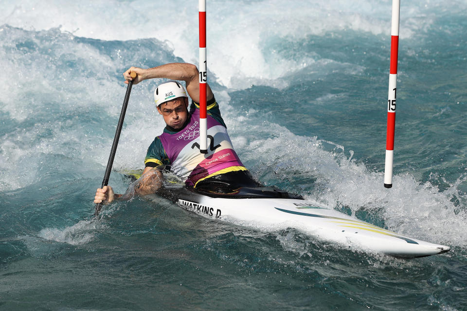 <p>TOKYO, JAPAN - JULY 25: Daniel Watkins of Team Australia competes in the Men's Canoe Slalom Heats 2nd Run on day two of the Tokyo 2020 Olympic Games at Kasai Canoe Slalom Centre on July 25, 2021 in Tokyo, Japan. (Photo by Cameron Spencer/Getty Images)</p> 