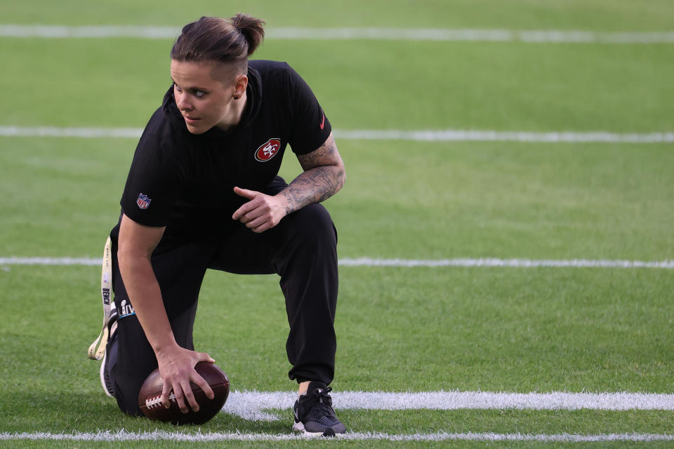 MIAMI, FLORIDA - FEBRUARY 02: Offensive assistant coach Katie Sowers of the San Francisco 49ers looks on during warmups prior to Super Bowl LIV against the Kansas City Chiefs at Hard Rock Stadium on February 02, 2020 in Miami, Florida. (Photo by Al Bello/Getty Images)