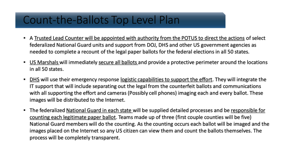 This slide lays out a plan for federalised national guard forces to supervise the recounting of ballots meant to find Mr Trump as the winner of the 2020 election (Unknown)
