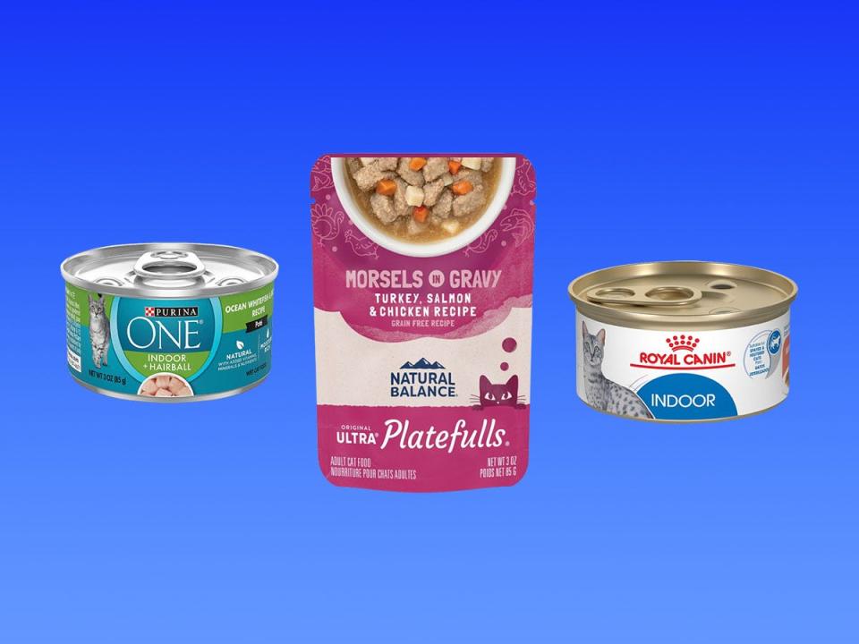A collage of three different wet pet food products on a blue gradient background.
