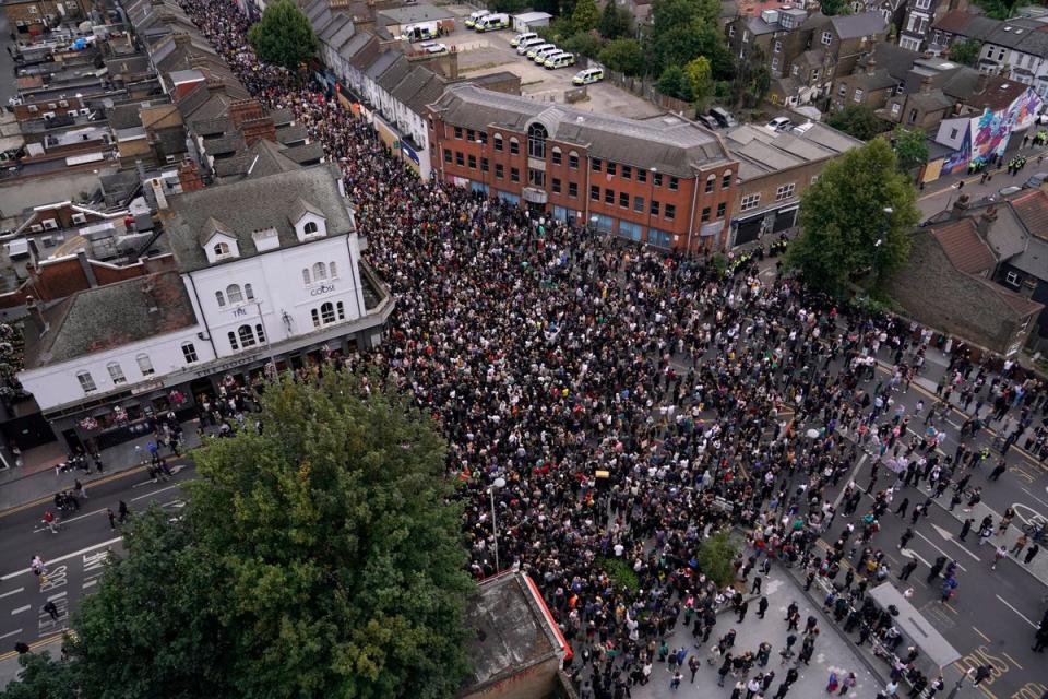 Aerial view of counter-protests in Walthamstow (AP)