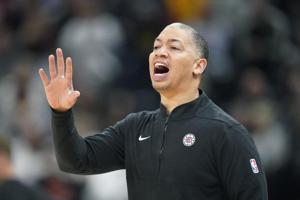 Los Angeles Clippers head coach Tyronn Lue shouts to his team during the first half of an NBA basketball game against the Utah Jazz, Friday, Oct. 27, 2023, in Salt Lake City. (AP Photo/Rick Bowmer)