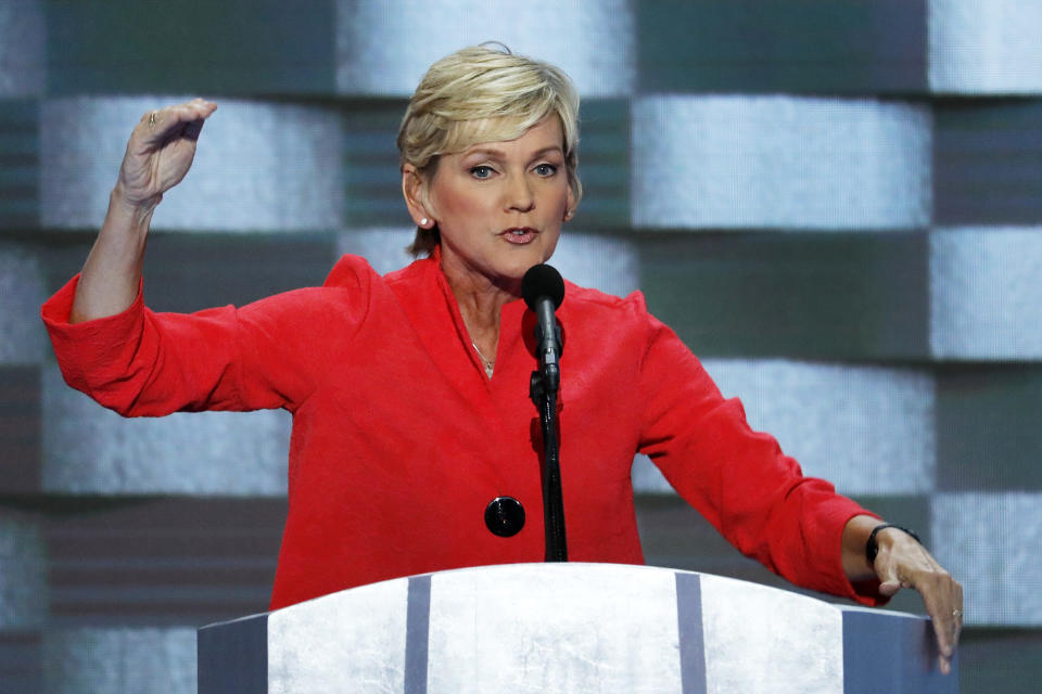 FILE - In this July 28, 2016, file photo, former Michigan Gov. Jennifer Granholm speaks during the final day of the Democratic National Convention in Philadelphia. Biden is expected to pick his former rival Pete Buttigieg as secretary of transportation and Granholm as energy secretary. (AP Photo/J. Scott Applewhite, File)