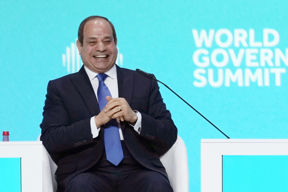 Egyptian President Abdel Fattah el-Sissi reacts during his speech at the World Government Summit opening day in Dubai, United Arab Emirates, Monday, Feb 13, 2023. El-Sissi offered effusive praise Monday for the United Arab Emirates, seeking to repair a rift between Cairo and the Gulf Arab states that have supplied billions of dollars in aid to his nation. (AP Photo/Kamran Jebreili)