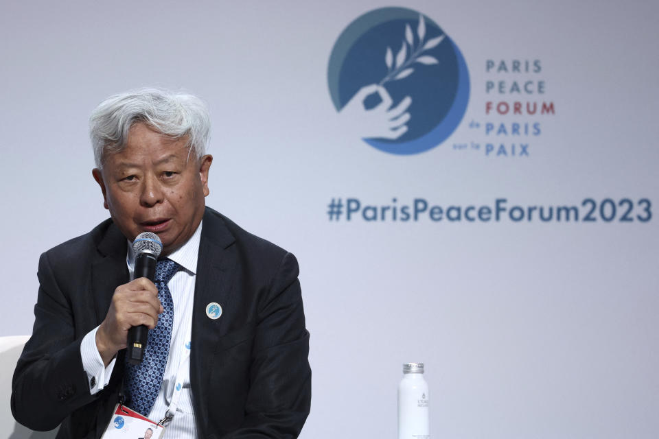 Jin Liqun, President of Asian Infrastructure Investment Bank (AIIB), speaks at the Paris Peace Forum, in Paris, Friday, Nov. 10, 2023. The Peace Forum is an annual event involving governments, NGOs and others seeking dialogue around global problems such as climate change, children's exposure to online violence, and threats to human rights. (Stephanie Lecocq, Pool via AP)