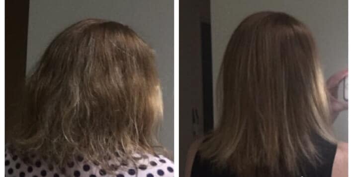 A photo comparison of a woman's hair before and after using a $19 Kmart hair straightening brush.