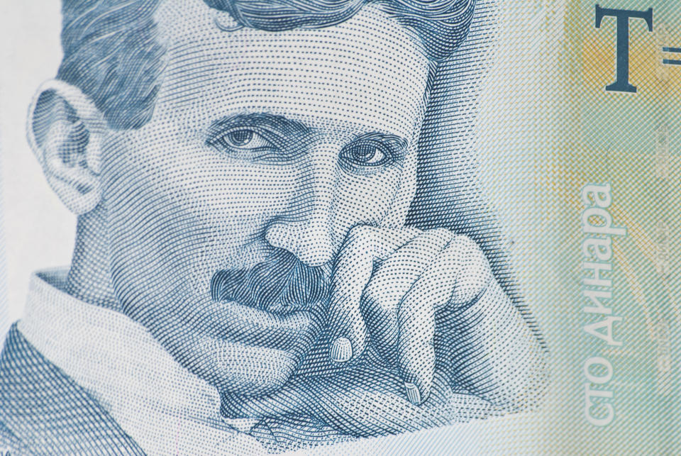 Serbian dinar. Bill of a hundred dinars,portrait of Nikola Tesla.