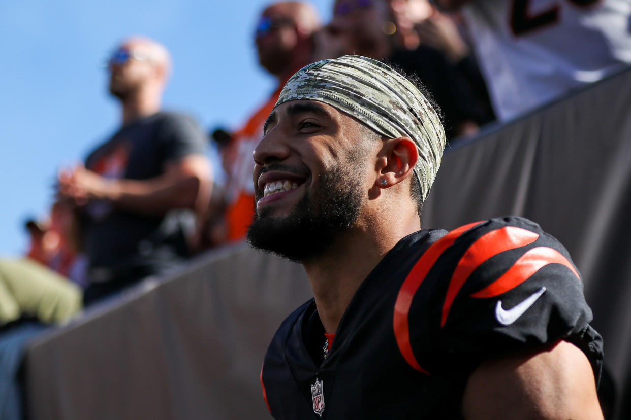 Nov 6, 2022; Cincinnati, Ohio, USA; Cincinnati Bengals safety Jessie Bates III (30) runs onto the field prior to the game against the Carolina Panthers at Paycor Stadium. Mandatory Credit: Katie Stratman-USA TODAY Sports