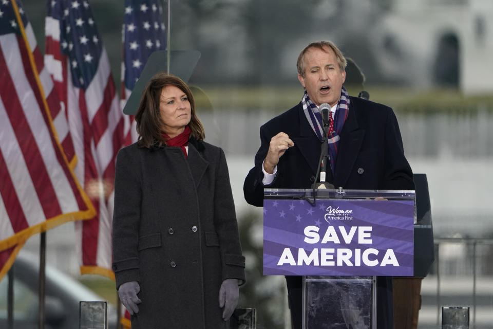 FILE - Texas Attorney General Ken Paxton speaks at a rally in support of President Donald Trump called the "Save America Rally" in Washington on Jan. 6, 2021. Florida, Georgia, Texas and Virginia all started new law enforcement units to investigate voter fraud in this year’s elections based on former President Donald Trump’s lies about the 2020 presidential contest. So far, those units seem to have produced more headlines than actual cases. (AP Photo/Jacquelyn Martin, File)