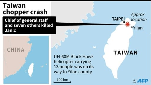 Map of Taiwan, showing the approximate area where a top military officer died during a helicopter crash landing