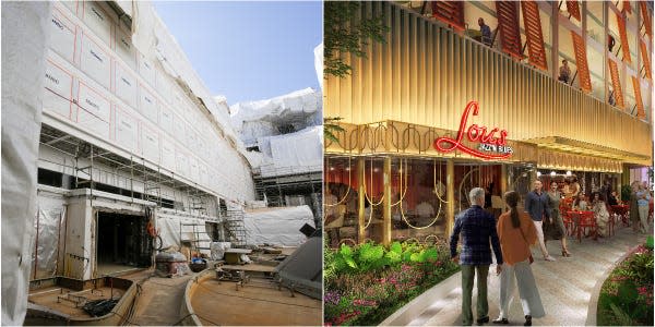 A collage of Royal Caribbean's Icon of the Seas Central Park neighborhood bar and Royal Caribbean’s rendering of the space.