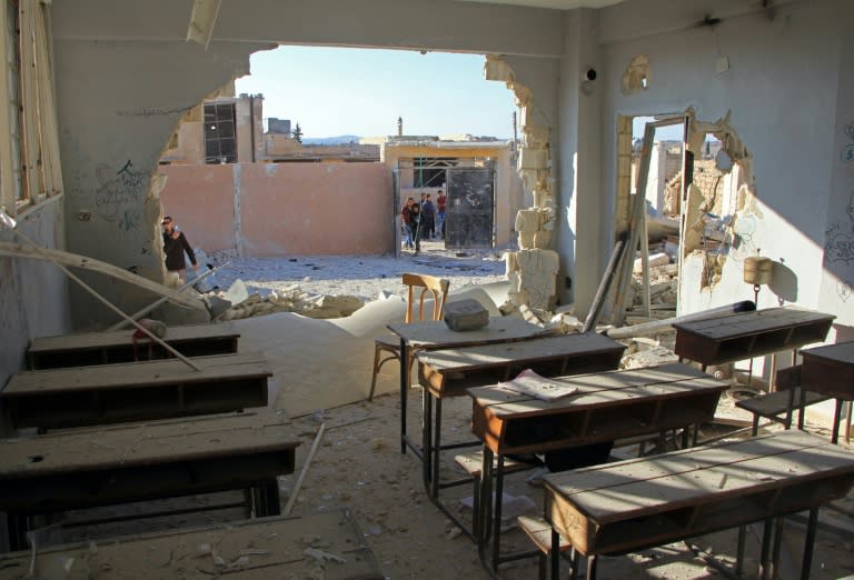 A damaged classroom at a school after it was hit in an air strike in the village of Hass, in the south of Syria's rebel-held Idlib province on October 26, 2016