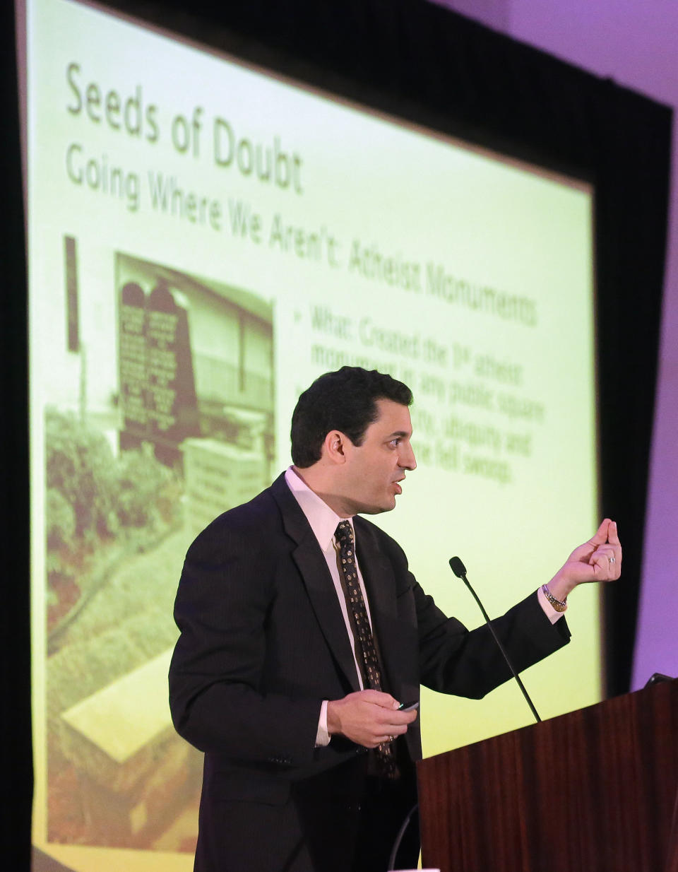 David Silverman, president of the American Atheists, addresses the American Atheists National Convention in Salt Lake City on Friday, April 18, 2014. In an effort to raise awareness and attract new members, the organization is holding their national conference over Easter weekend in the home of The Church of Jesus Christ of Latter-day Saints. (AP Photo/Rick Bowmer)