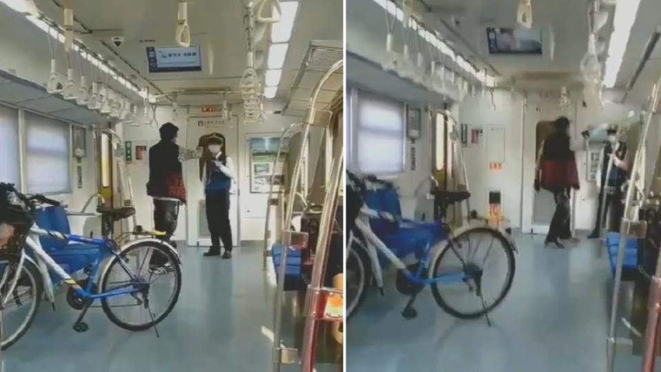 男乘客與女列車長發生爭執，揮空拳作勢打人，還把她逼到角落。（合成圖／翻攝自「靠北台鐵」臉書）