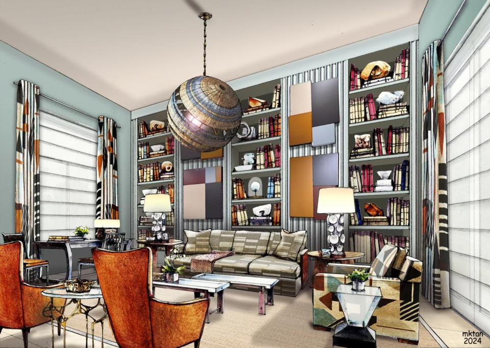 A rendering shows the study designed by seasonal Palm Beach resident Jonathan Savage of SAVAGE Interior Design for the upcoming Kips Bay Decorator Show House Palm Beach, which opens to the general public Feb. 23 at a contemporary-style home in West Palm Beach.