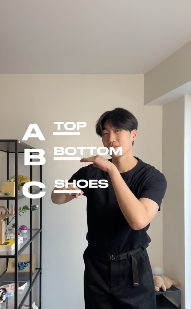 Person gesturing to text options A, B, C for choosing top, bottom, or shoes