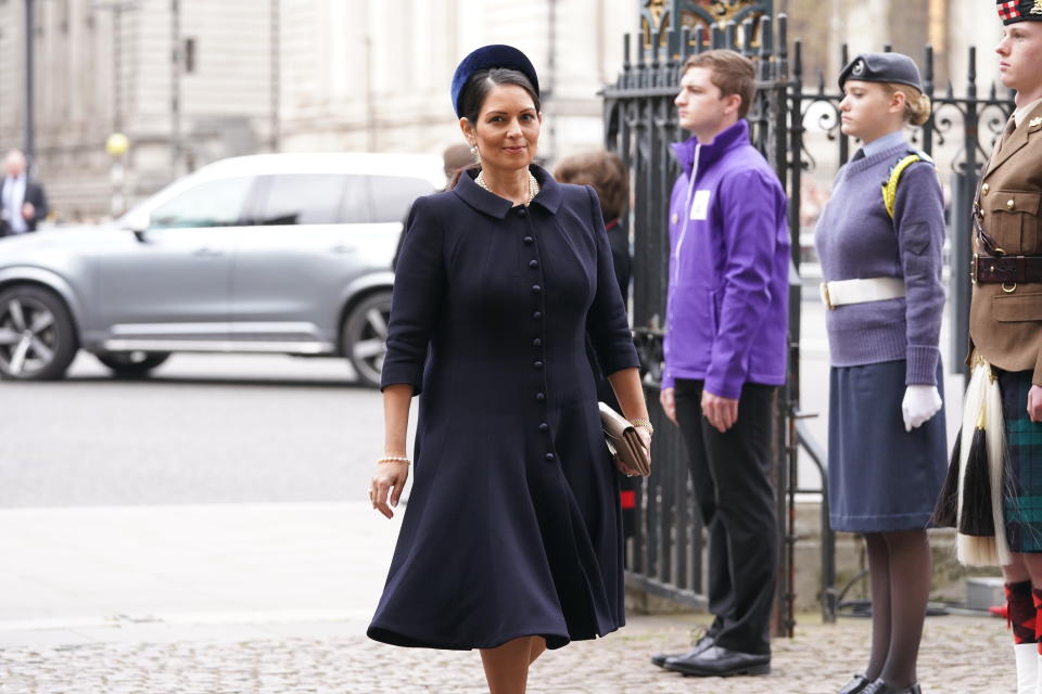 Home Secretary Priti Patel arriving for a Service of Thanksgiving for the life of the Duke of Edinburgh, at Westminster Abbey in London. Picture date: Tuesday March 29, 2022. (Photo by Kirsty O'Connor/PA Images via Getty Images)