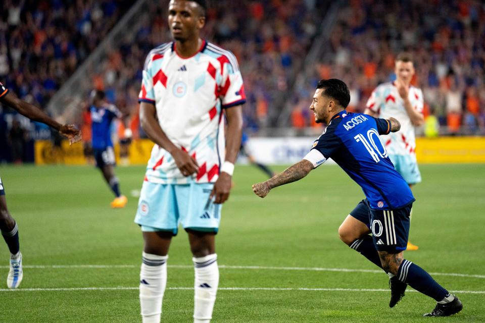 FC Cincinnati midfielder Luciano Acosta (10) reacts to scoring in the second half of the MLS match at TQL Stadium in Cincinnati on Saturday, June 3, 2023.