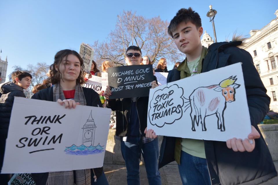 Students from Graveney School, Tooting join the Youth Strike 4 Climate movement during a climate change protest on Parliament Square in Westminster, London. (Nick Ansell/PA Wire)