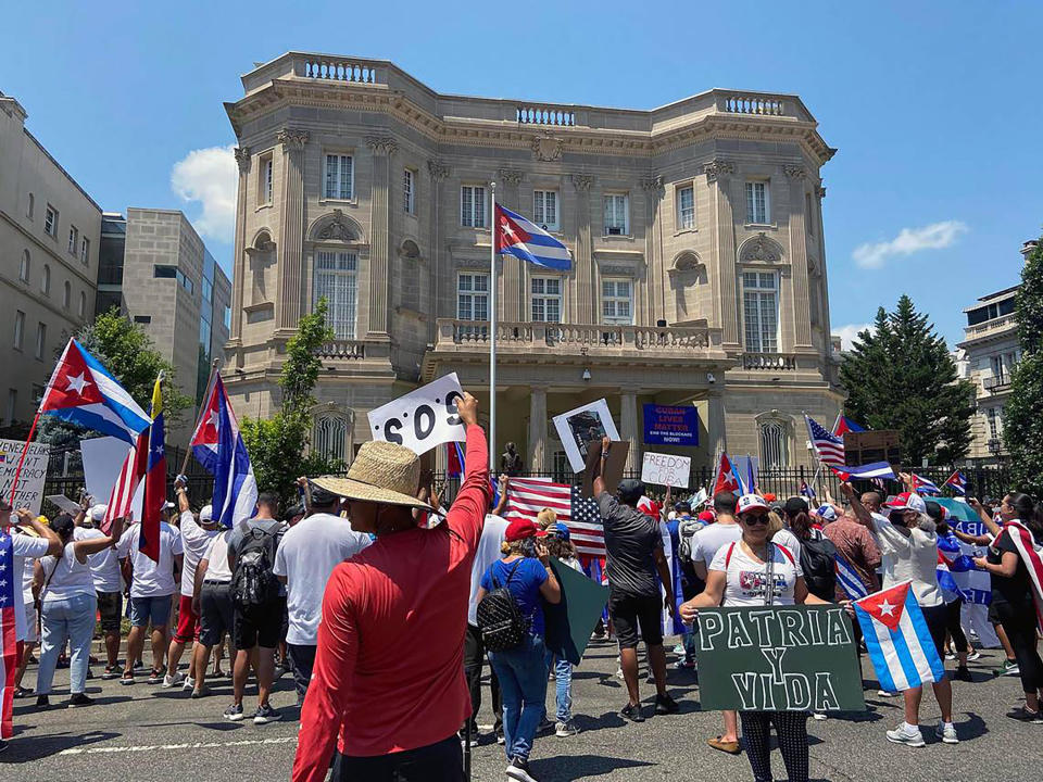 A group of Cubans from Miami protest in front of the Cuban Embassy in Washington, D.C., on Saturday, July 17, 2021. / Credit: Nathan Hart/Miami Herald/Tribune News Service via Getty Images