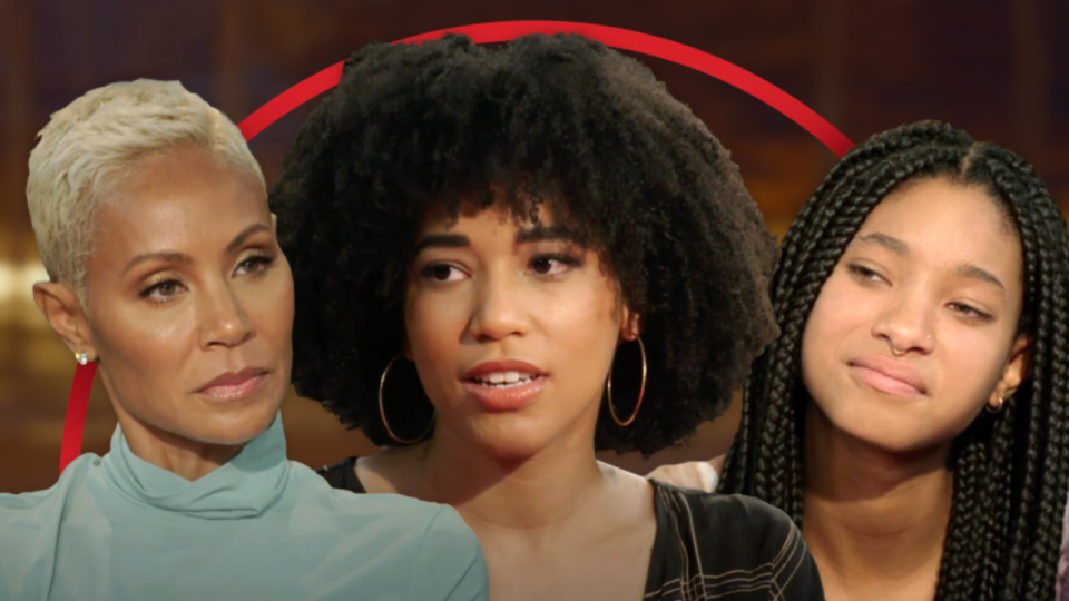 Jada Pinkett Smith (left) and daughter Willow Smith (right) discuss polyamory on this week's "Red Table Talk" with guest Gabrielle Smith (center).