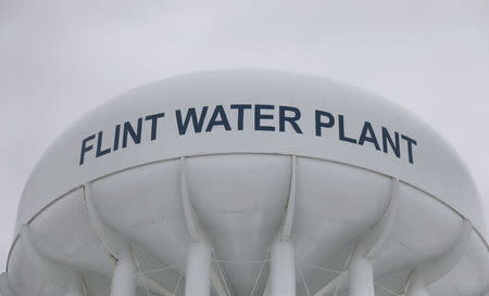 The top of a water tower at the Flint Water Plant is seen in Flint, Michigan January 13, 2016. REUTERS/Rebecca Cook