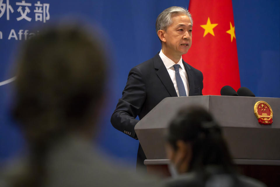 Chinese Foreign Ministry spokesperson Wang Wenbin speaks during a regular press conference in Beijing, Tuesday, May 9, 2023. China announced the expulsion of a Canadian diplomat on Tuesday in retaliation for Ottawa ordering a Chinese consular official to leave the country over alleged threats he made against a Canadian lawmaker and his family. (AP Photo/Mark Schiefelbein) ///