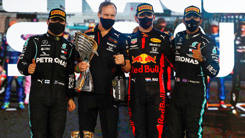 Max Verstappen won the Abu Dhabi grand prix ahead of Merceds duo Valtteri Bottas and Lewis Hamilton. (Photo by HAMAD I MOHAMMED/POOL/AFP via Getty Images)