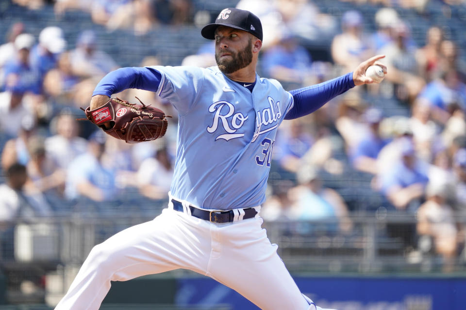 Kansas City Royals starting pitcher Danny Duffy throws in the first inning during a baseball game against the Minnesota Twins, Saturday July 3, 2021, in Kansas City, Mo. (AP Photo/Ed Zurga)