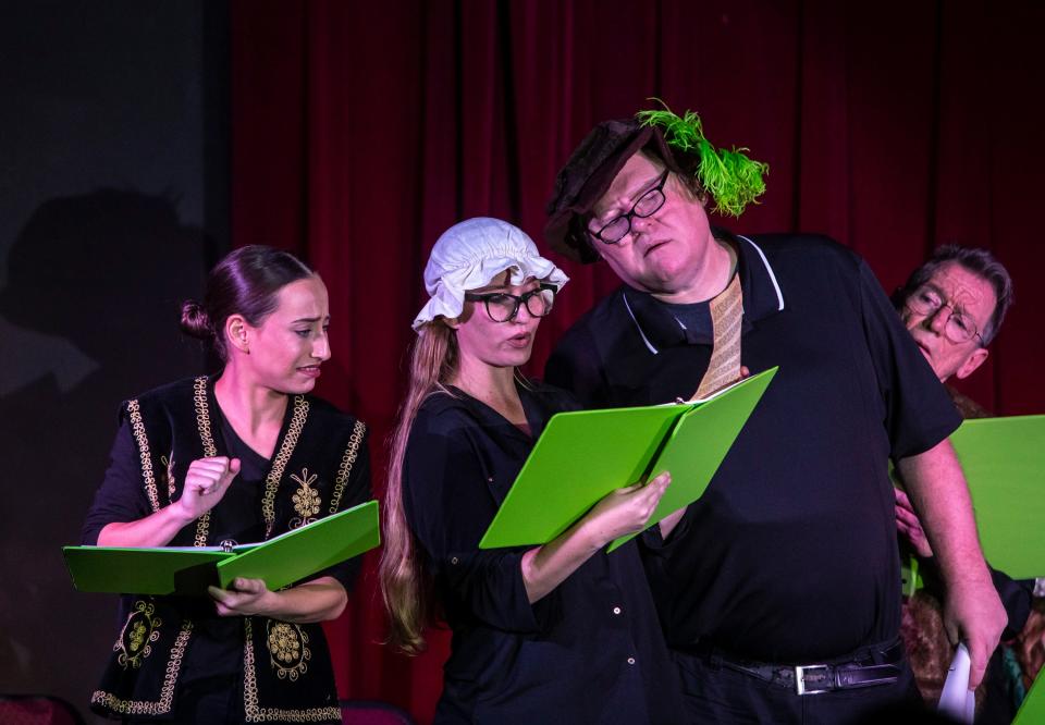 Zelaya Sanchez as Rosalind (from left), Jessica Lenz as Celia, Jeffrey Rhoads as Touchstone and Patrick Kearney as Corin perform together during a reading of Shakespeare's As You Like It at The Joslyn Center in Palm Desert, Calif., Thursday, Sept. 28, 2023.