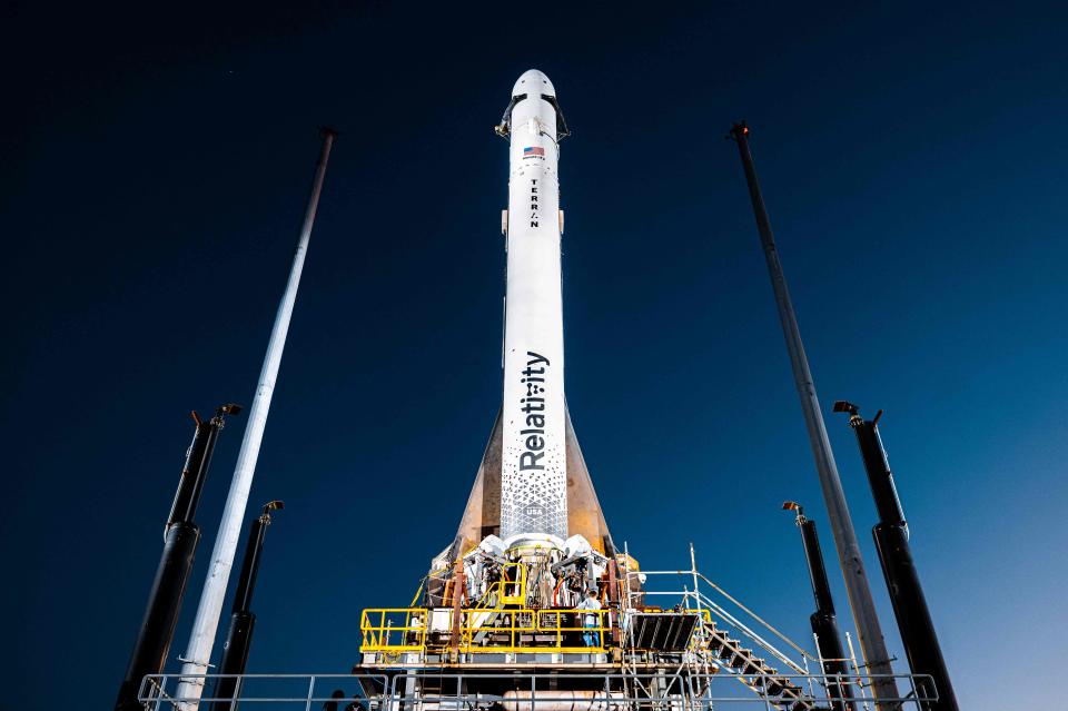 Relativity Space's Terran 1 rocket seen on the launch pad at Launch Complex 16 in Cape Canaveral, Florida, on March 10, 2023.