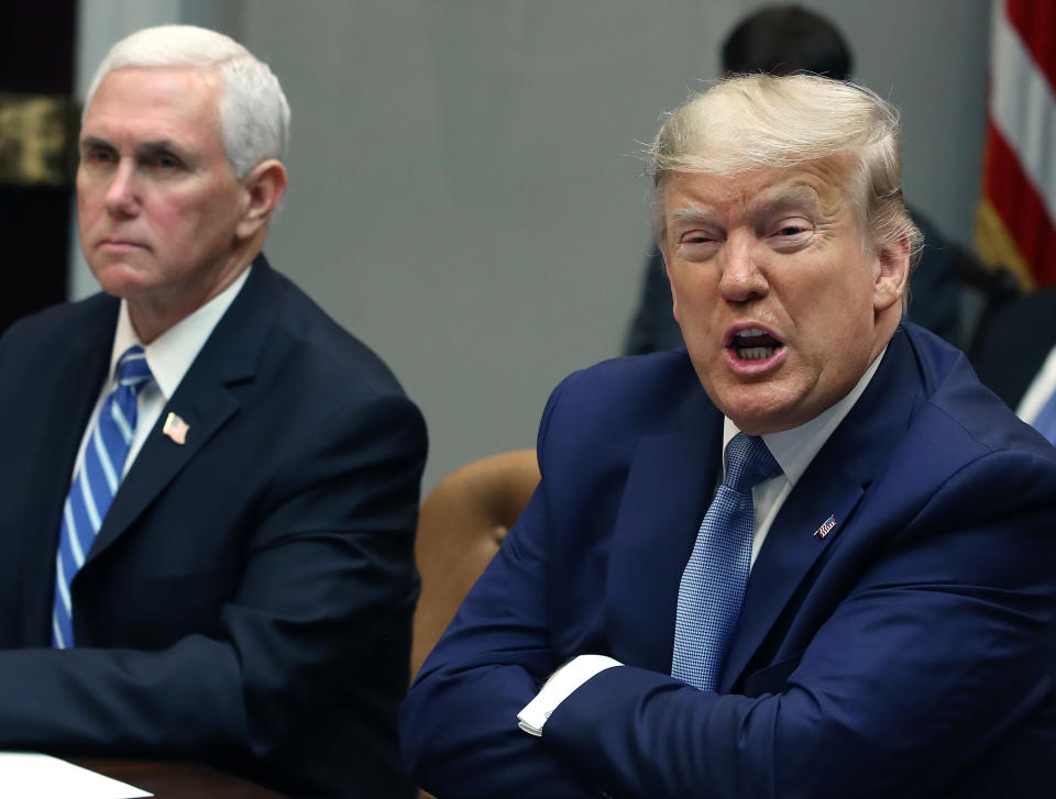 WASHINGTON, DC - MARCH 10: U.S. President Donald Trump speaks about the Coronavirus response while flanked by Vice President Mike Pence during a coronavirus briefing with health insurers in the Roosevelt Room at the White House, on March 10, 2020 in Washington, DC. (Photo by Mark Wilson/Getty Images)