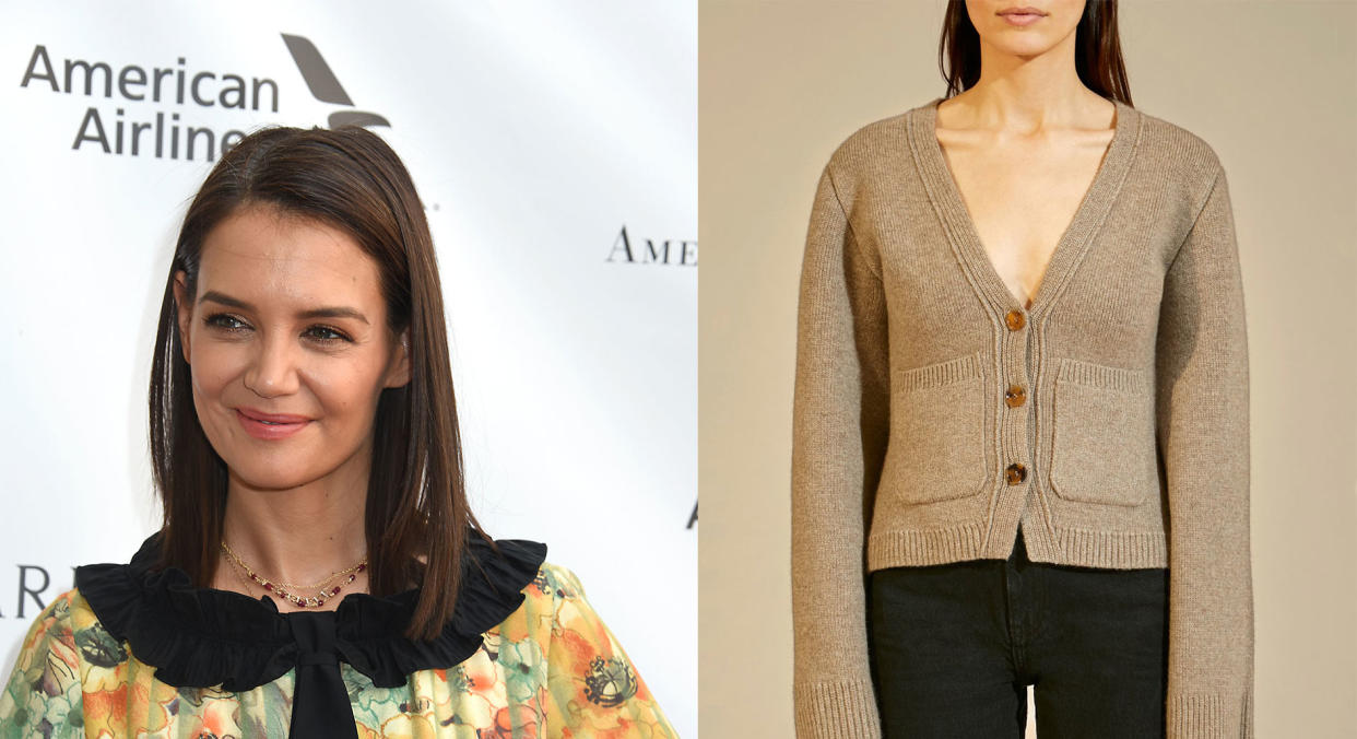 Katie Holmes was pictured wearing a cashmere cardigan with a matching bralette [Photo: Getty Images]