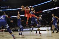 Giannis Antetokounmpo of the Milwaukee Bucks looks to pass during the second half of the NBA All-Star basketball game Sunday, Feb. 16, 2020, in Chicago. (AP Photo/Nam Huh)