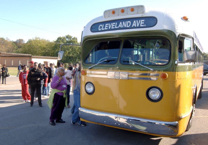 Visitors to the St. Paul AME church in Montgomery, Ala., on October 29, 2005, line up to make a brief tour of a replica of the bus where Rosa Parks refused to give up her seat to a white male passenger in December of 1955. File Photo by John Dickerson/UPI