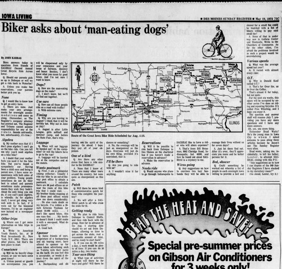 A John Karras Column from May 19, 1974 answered basic questions about SAGBRAI, the Second Annual Great Bicycle Ride Across Iowa.