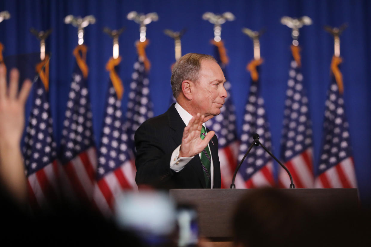 Former Democratic presidential candidate Mike Bloomberg addresses his staff and the media after announcing that he was ending his campaign on March 4. Bloomberg spent more than $900 million on his presidential bid &mdash; and only a fraction of that on coronavirus aid. (Photo: Spencer Platt via Getty Images)