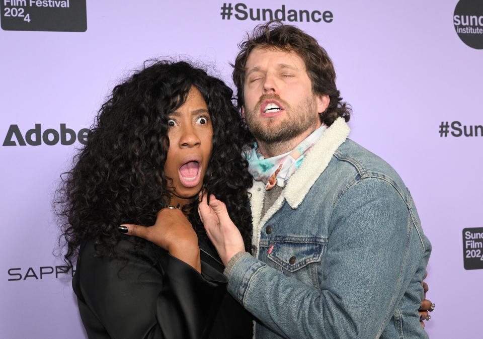 Shondrella Avery (LaFawnduh) and Jon Heder (Napoleon Dynamite) pose for photos during the press line as members of the movie “Napoleon Dynamite” gather at Sundance in Park City for a special showing at The Ray Theatre on Wednesday, Jan. 24, 2024. | Scott G Winterton, Deseret News