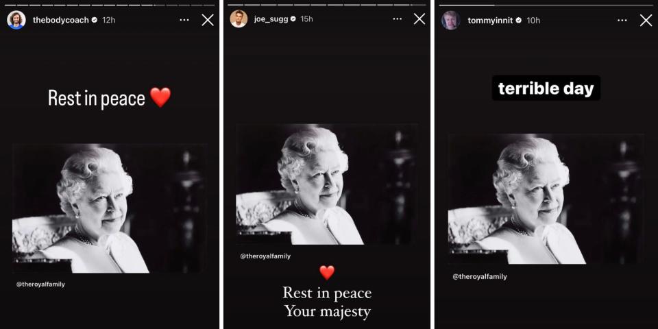 Screenshots of tribute posts to the Queen.