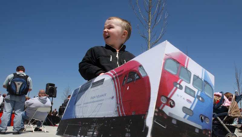 Preston Berry, 4, wears his FrontRunner Halloween costume at the grand opening of UTA's commuter train at the Salt Lake station April 26, 2008. The train meant to alleviate congestion on I-15 runs between Ogden and Salt Lake City six days a week.